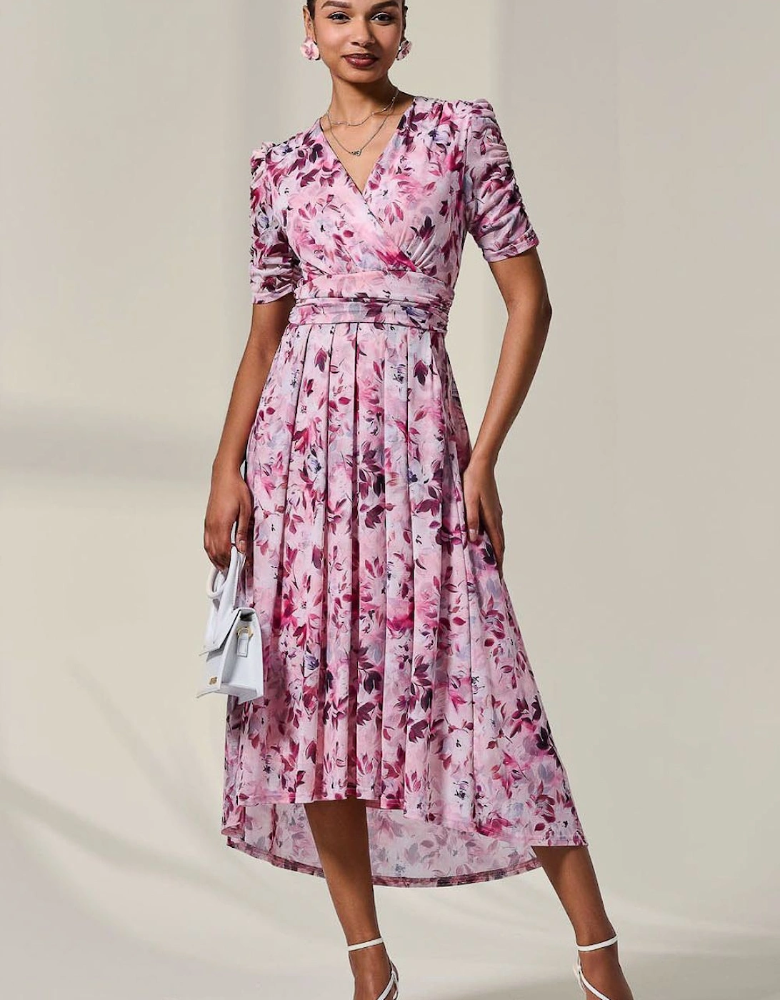 Petite Wrap Front Ruched Sleeve Midi Dress, 2 of 1