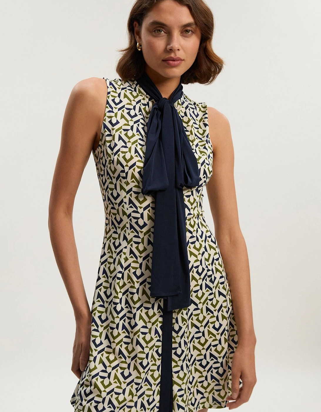 Tall Geo Print Crepe Tie Neck Mini Dress, 2 of 1