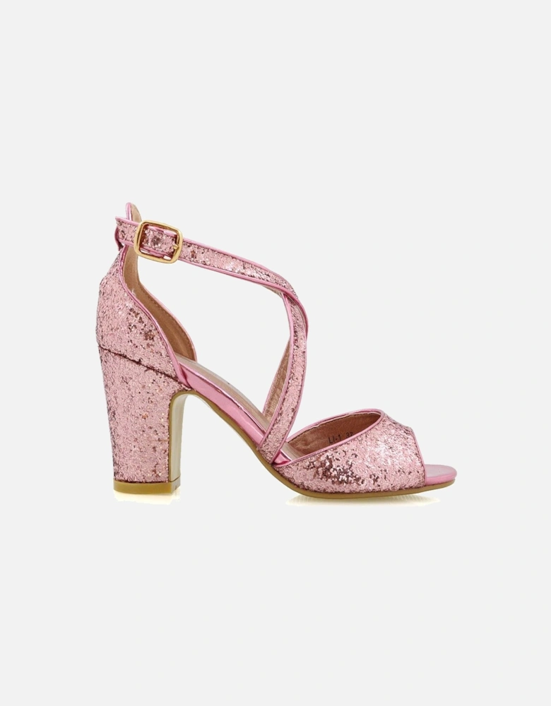 'Harlow' Cross Over Strappy Buckle Peep Toe Block High Heels