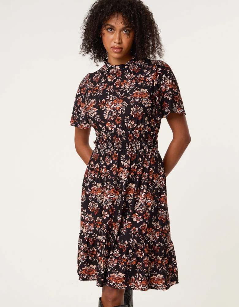 Black Frill Neck Shirred Waist Mini Dress