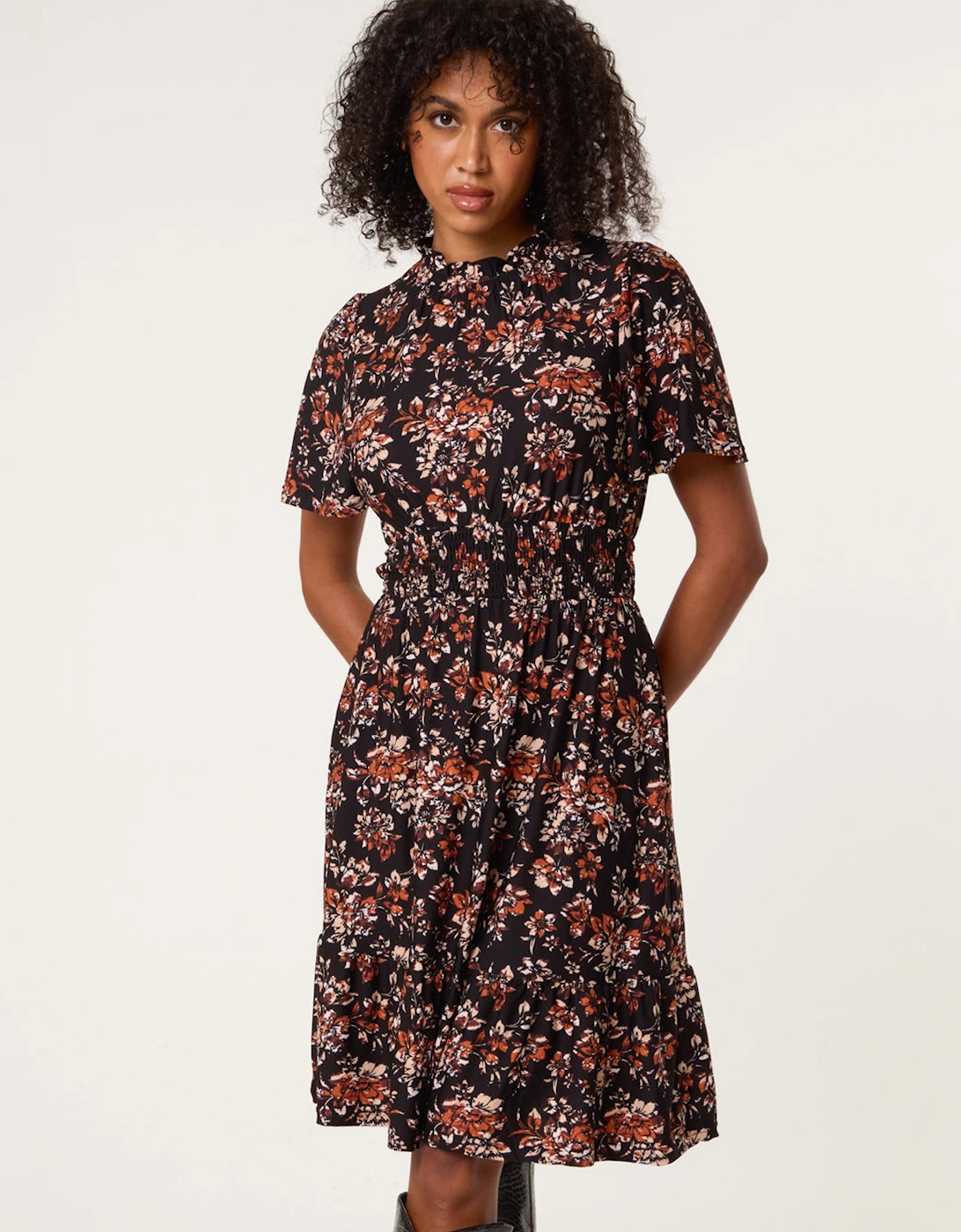 Black Frill Neck Shirred Waist Mini Dress, 2 of 1