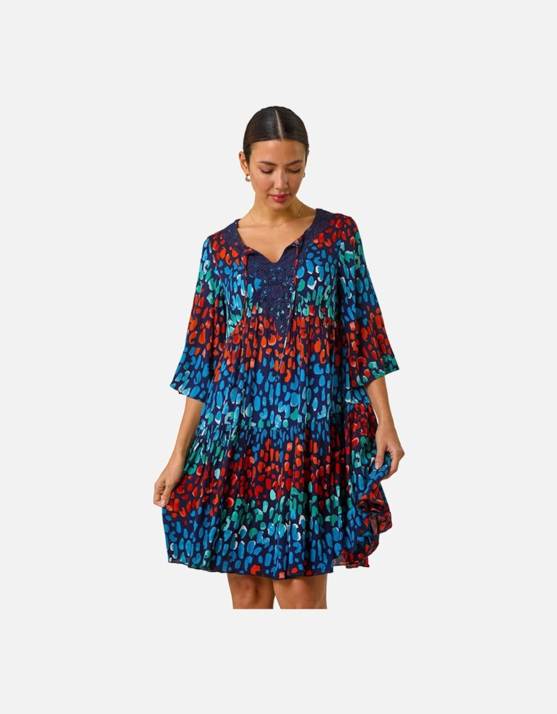Abstract Spot Print Lace Trim Dress