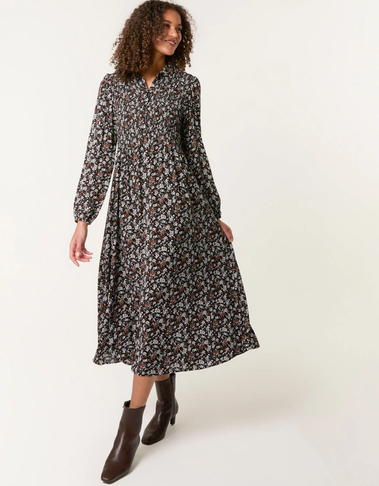 Black Ditsy Floral Long Sleeve Shirred Maxi Dress