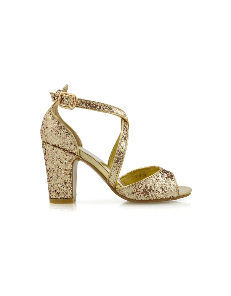 'Harlow' Cross Over Strappy Buckle Peep Toe Block High Heels