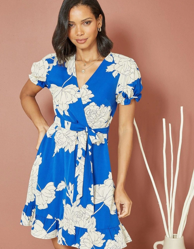 Blue Blossom Print Wrap Dress With Puff Sleeves