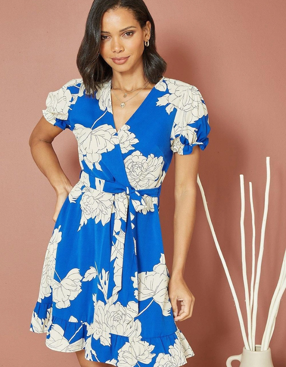 Blue Blossom Print Wrap Dress With Puff Sleeves, 2 of 1
