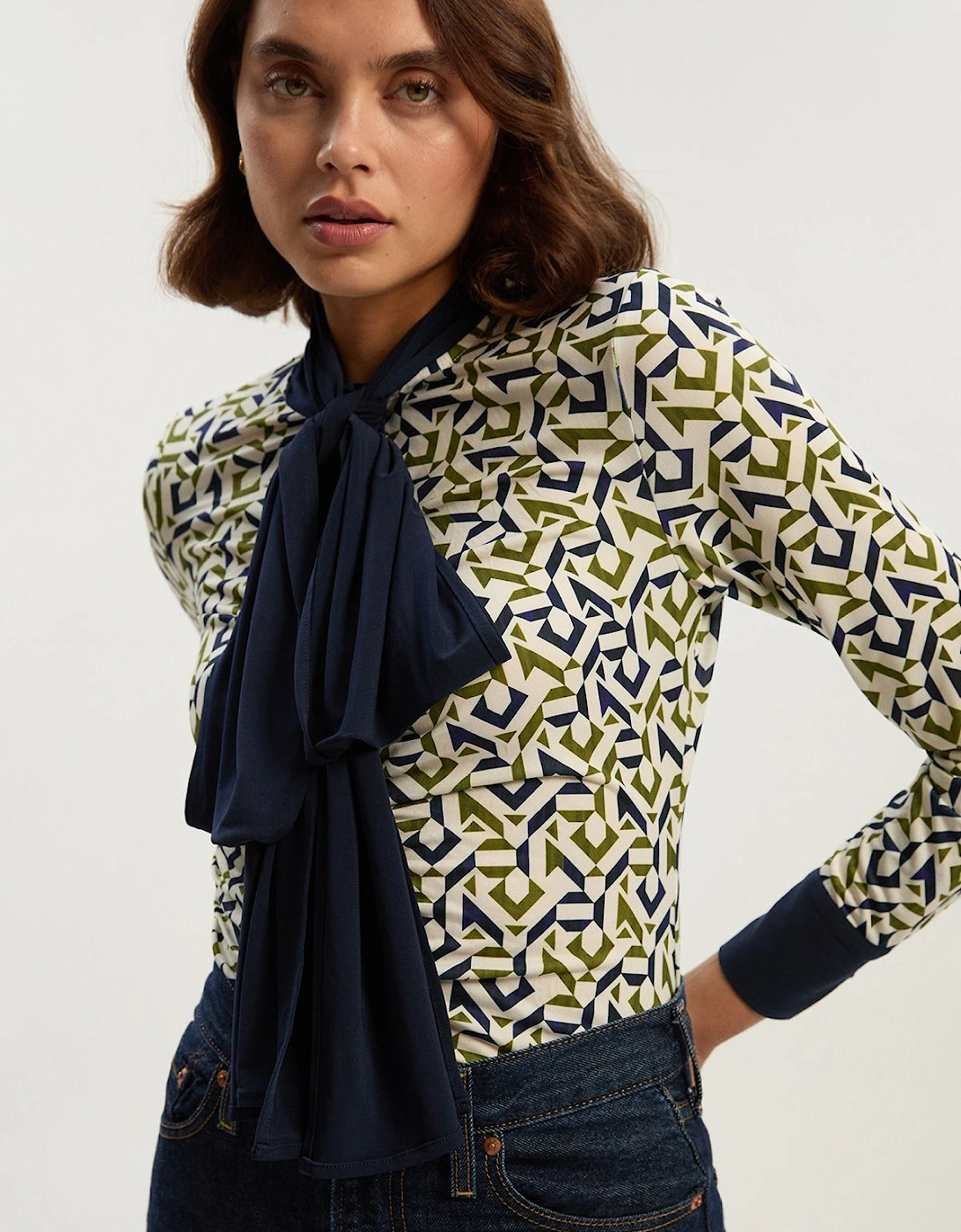 Geo Print Crepe Tie Neck Crepe Shirt, 2 of 1
