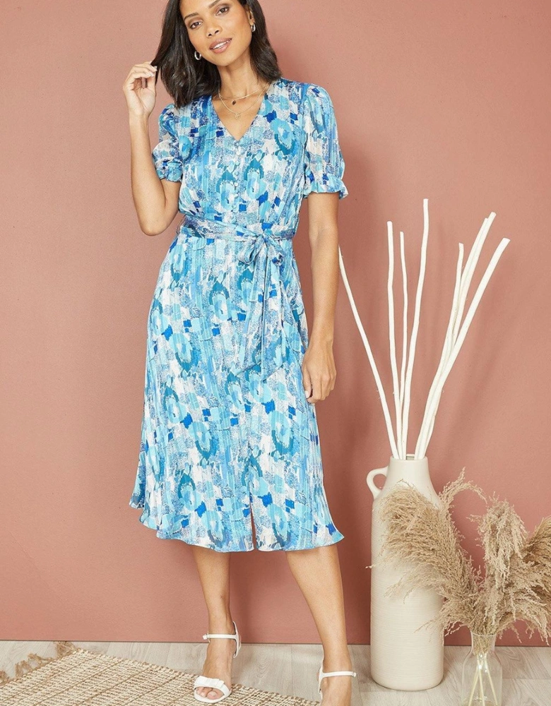 Blue Abstract Print Tea Dress With Pleats And Front Split