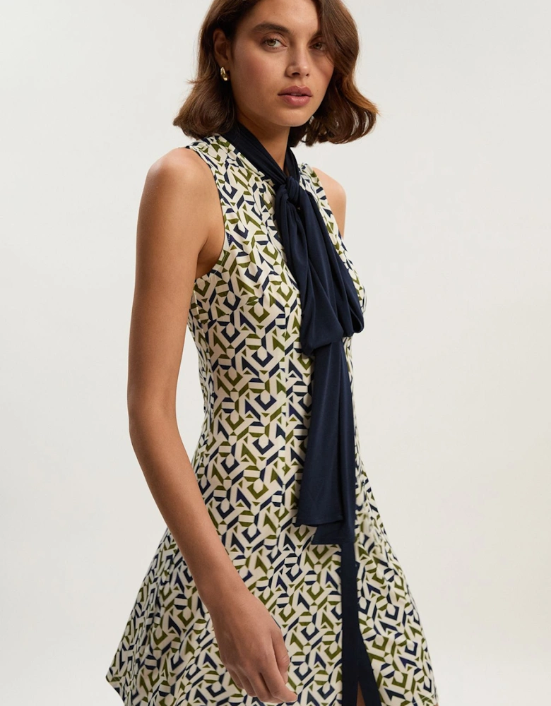 Geo Print Crepe Tie Neck Mini Dress