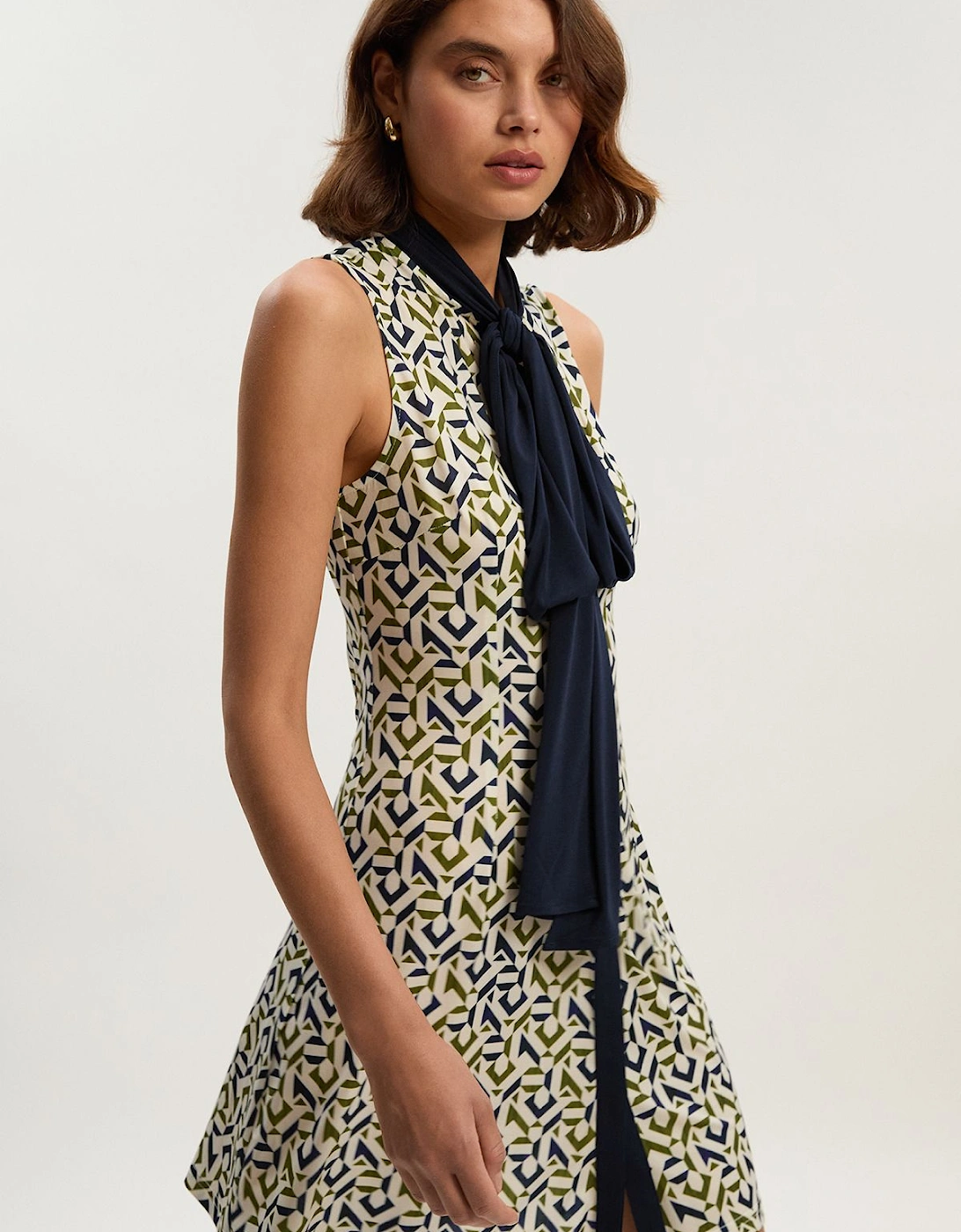 Geo Print Crepe Tie Neck Mini Dress, 2 of 1