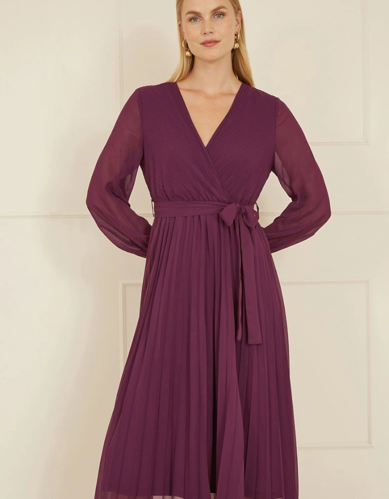 Plum Pleated Wrap Midi Dress With Sheer Long Sleeves