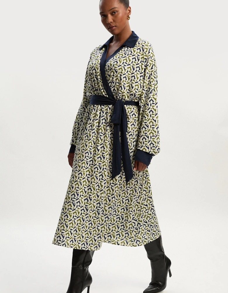 Plus Size Geo Print Crepe Tie Waist Maxi Dress