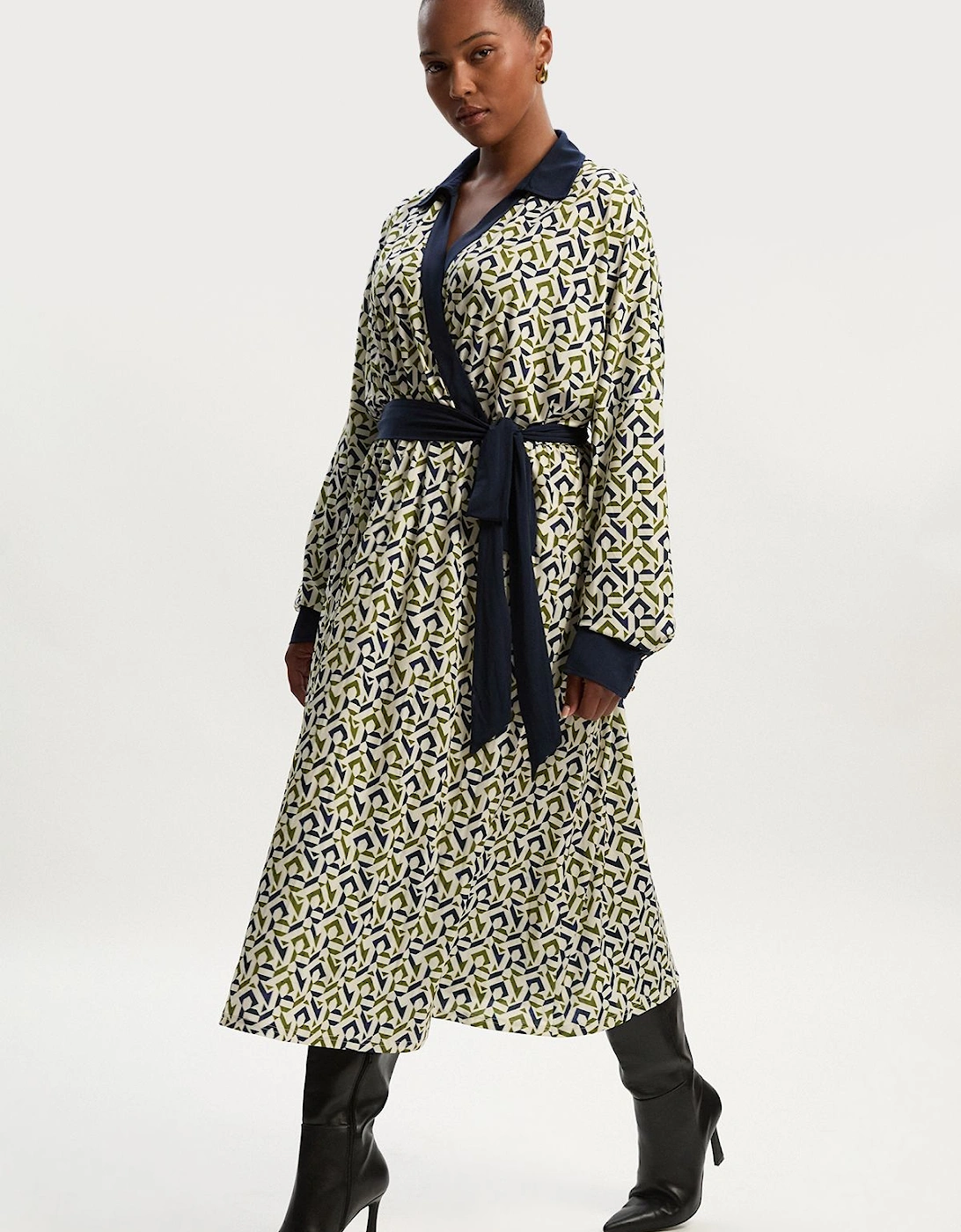 Plus Size Geo Print Crepe Tie Waist Maxi Dress, 2 of 1