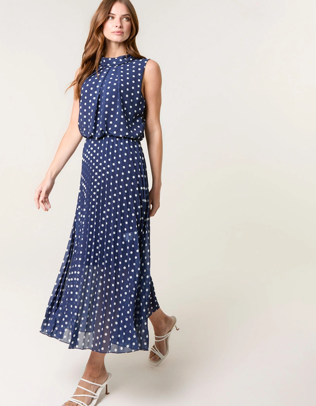 Navy Polka Dot Sleeveless Cowl Pleat Dress, 2 of 1