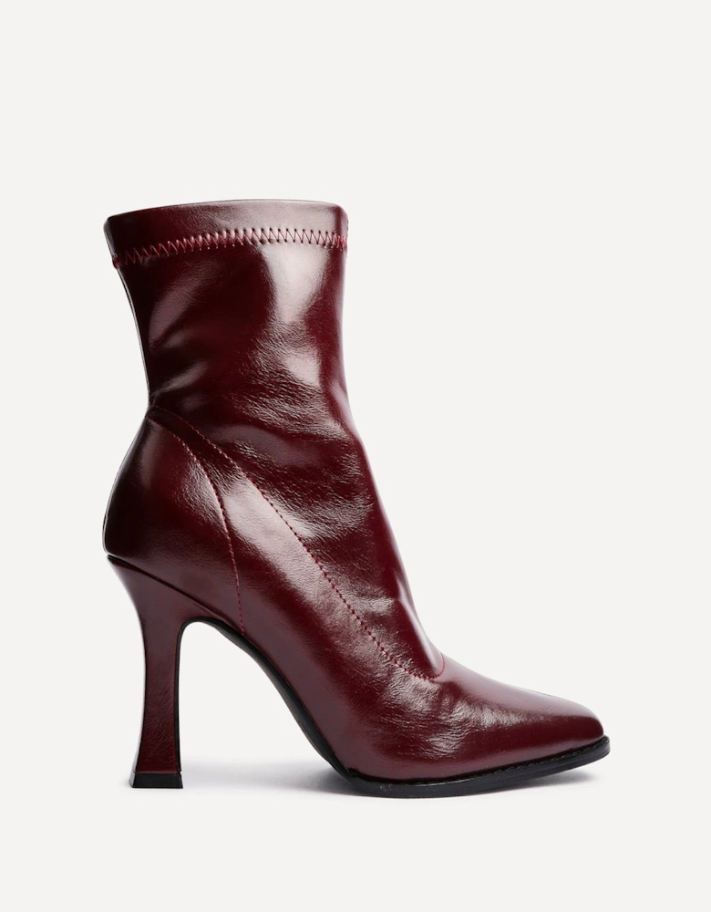 Noelle Burgundy Faux Leather Square Toe Heeled Sock Boot