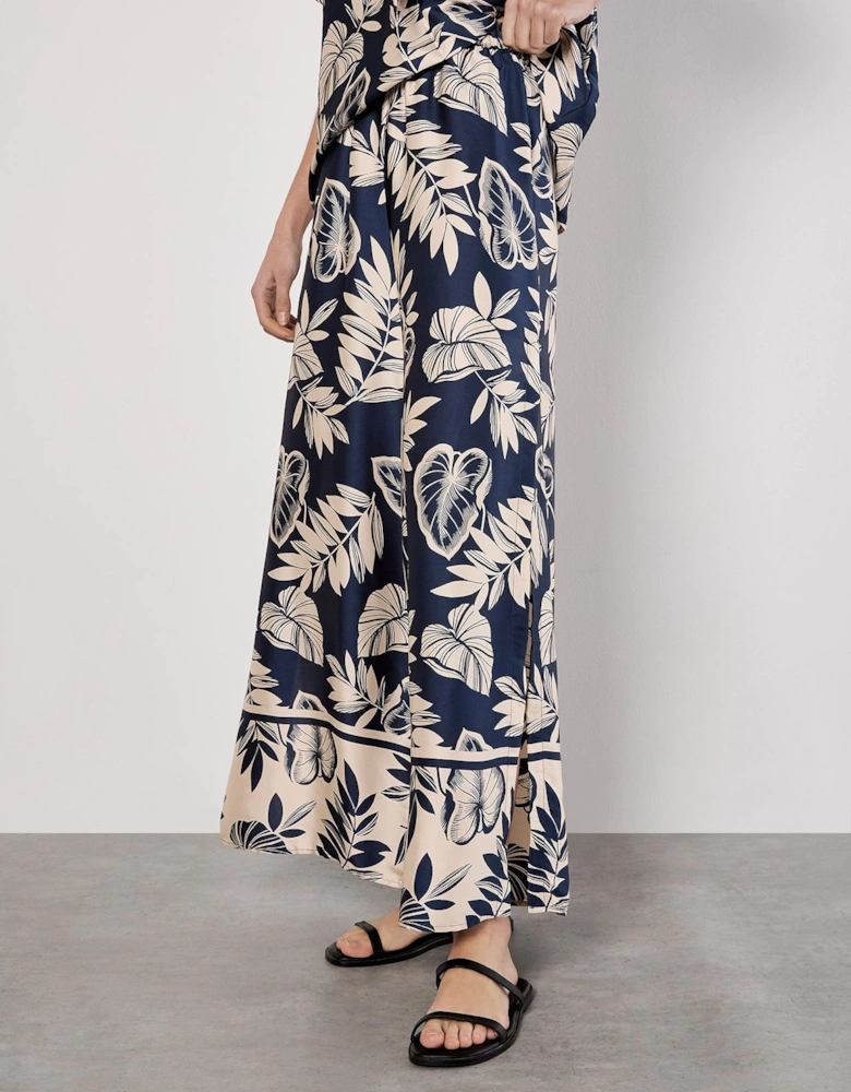 Tropical Leaf Print Satin Wide Leg Trousers