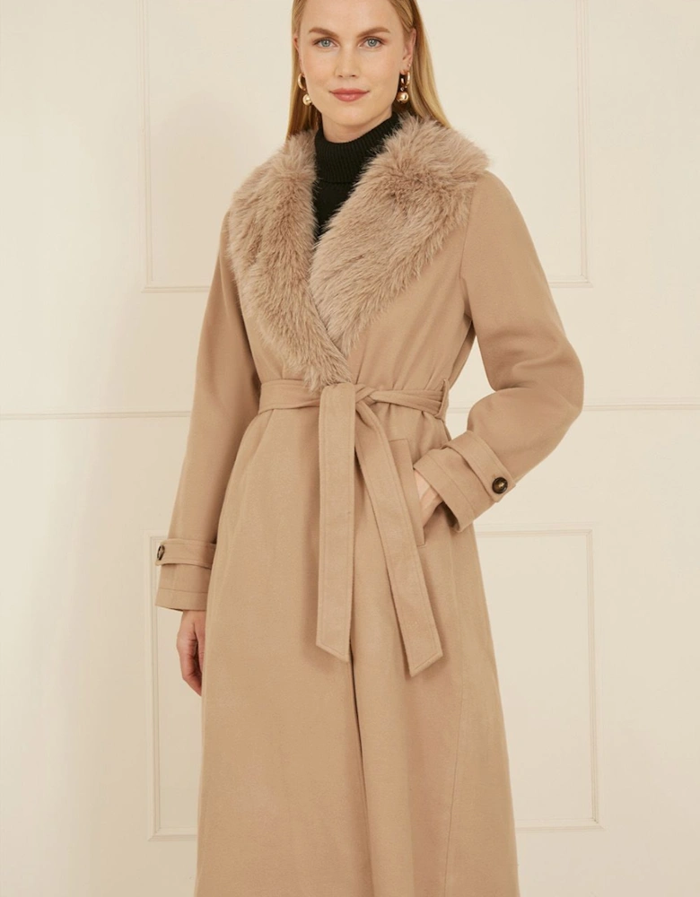Beige Wrap Around Coat With Faux Fur Collar