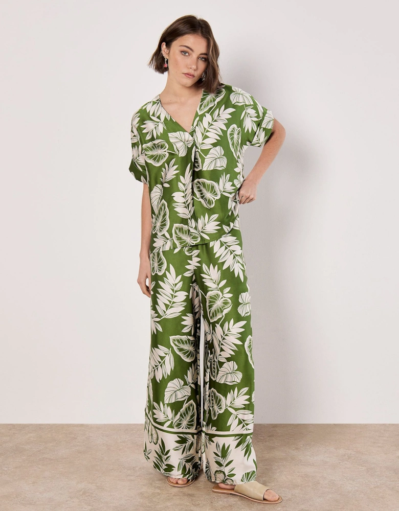 Tropical Leaf Print Satin Wide Leg Trousers