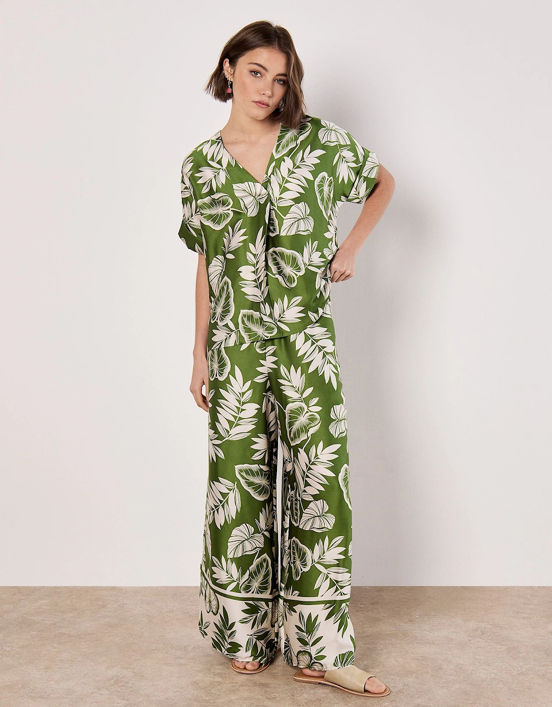 Tropical Leaf Print Satin Wide Leg Trousers, 2 of 1