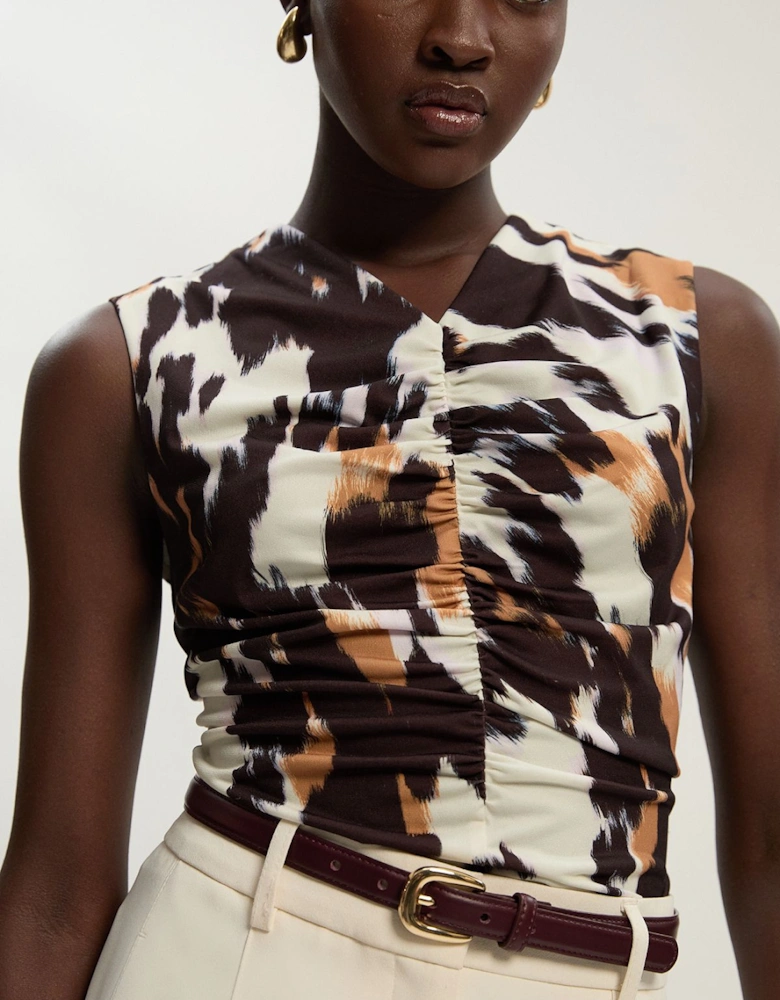 Animal Print Crepe Ruched Top