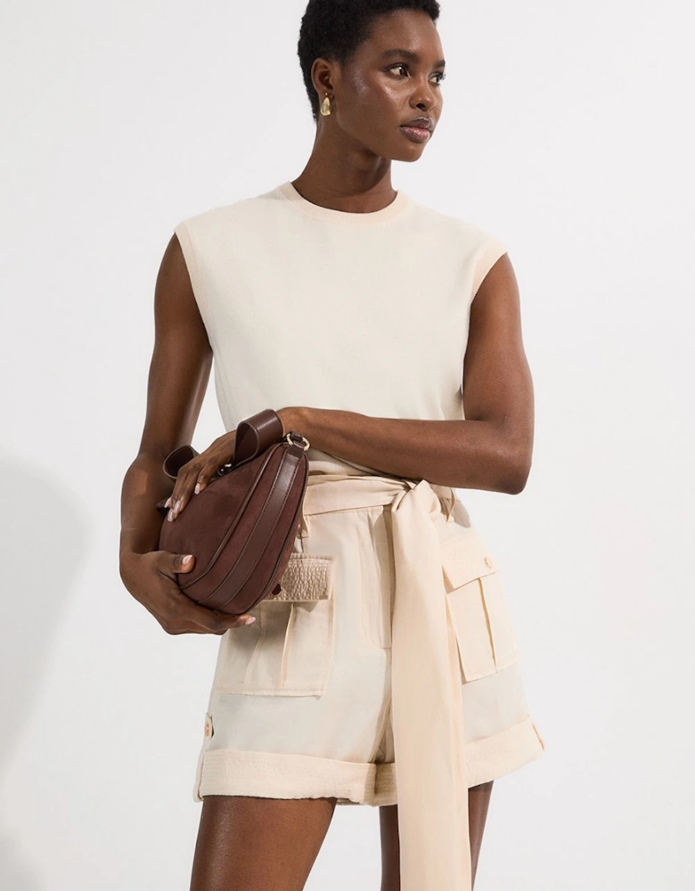 Linen Twill Top Stitch Belted Woven Short