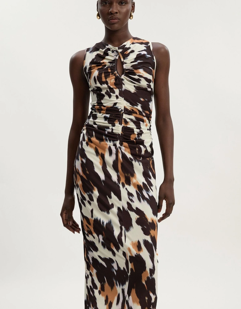 Petite Animal Print Crepe Cut Out Neck Midi Dress