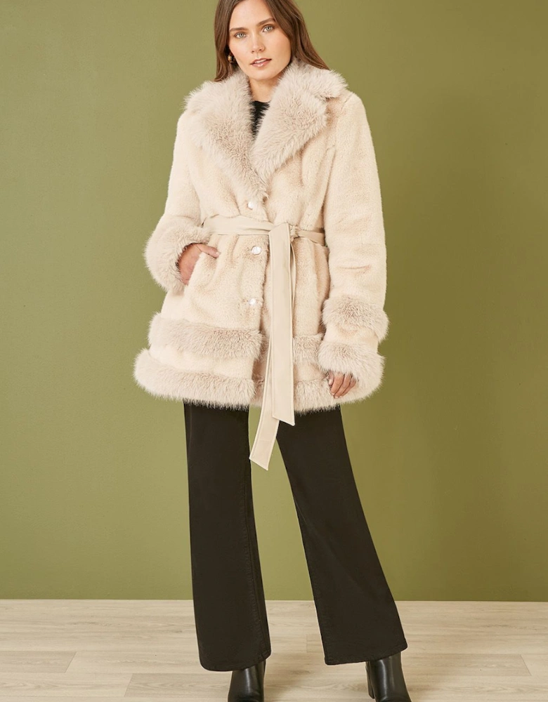 Cream Luxe Faux Fur Swing Coat With Tie Belt