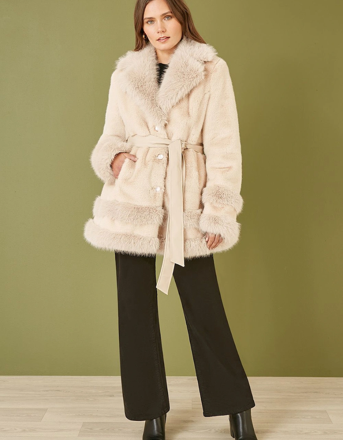 Cream Luxe Faux Fur Swing Coat With Tie Belt, 2 of 1
