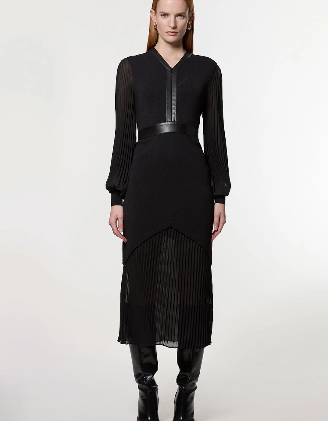 Woven Sleeved Pleated Dress With Pu, 2 of 1