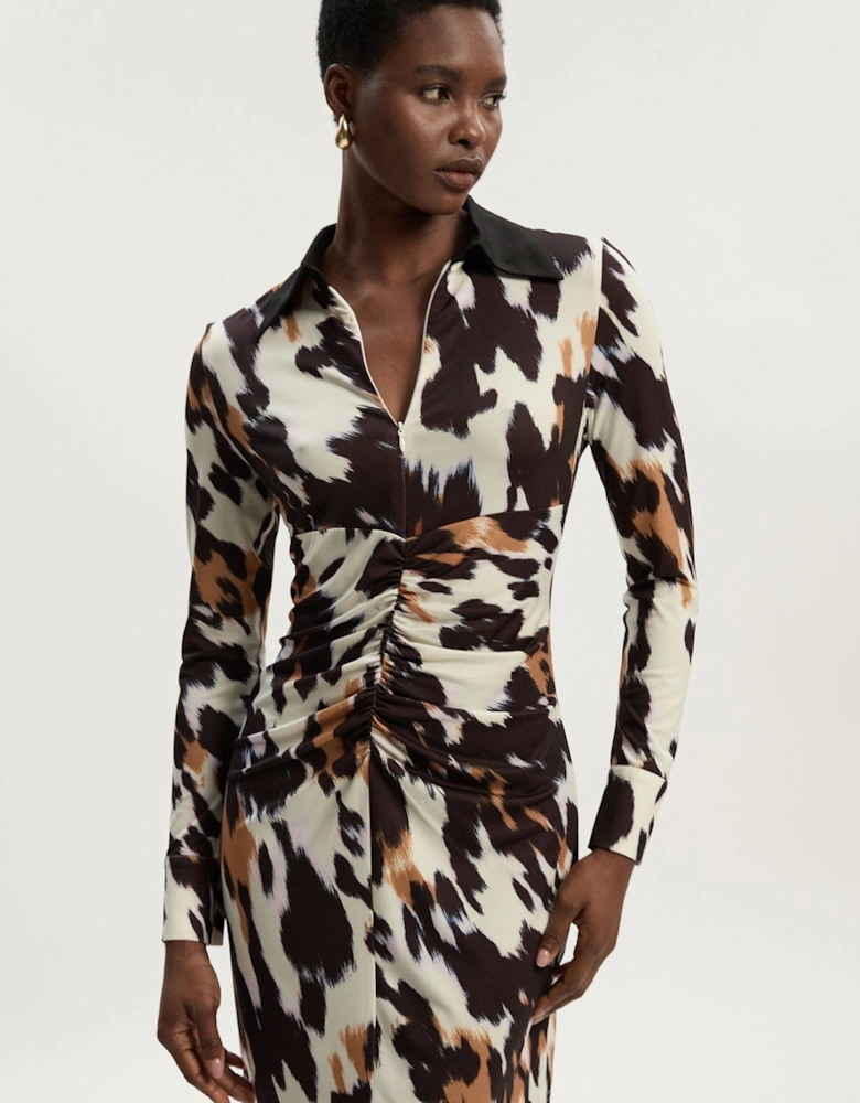 Animal Print Crepe Collared Mini Dress