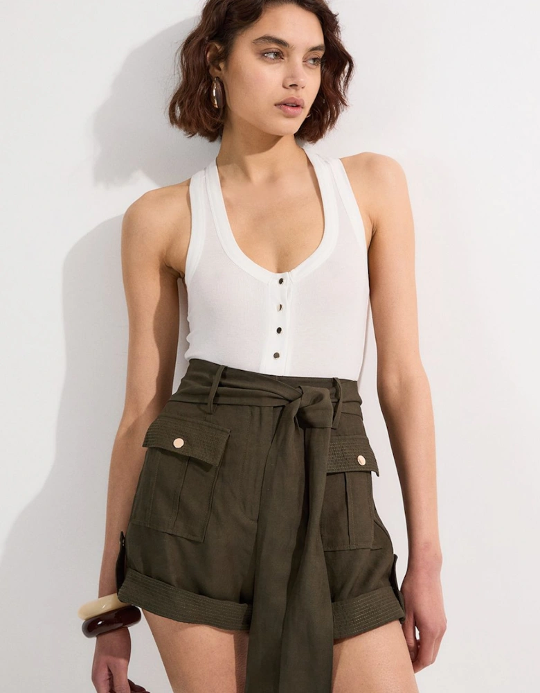 Linen Twill Top Stitch Belted Woven Short