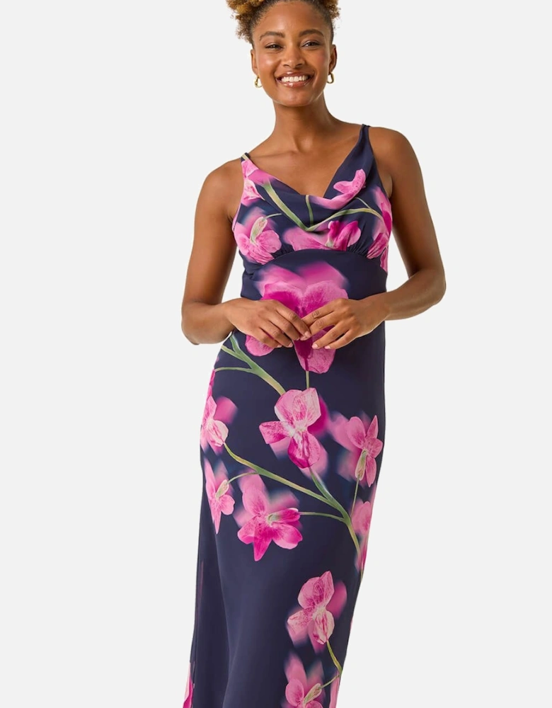 Floral Print Cowl Neck Midi Dress