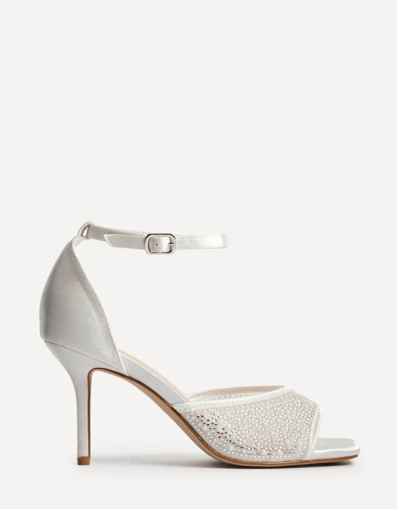Encanta Ivory Satin Diamante Mesh Stiletto Heeled Sandal