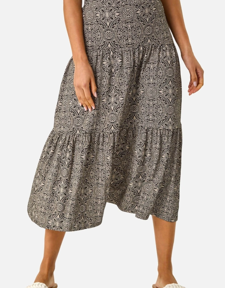 Stretch Geometric Floral Midi Skirt