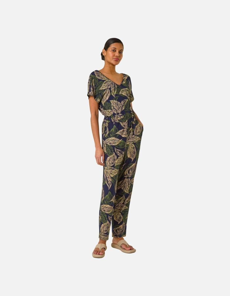 Leaf Print V-Neck Jumpsuit