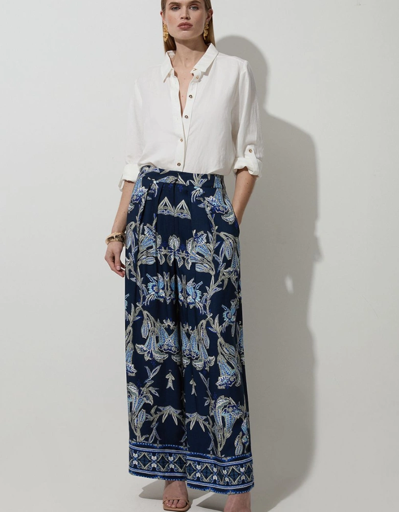 Viscose Linen Mirrored Floral Woven Straight Leg Trouser