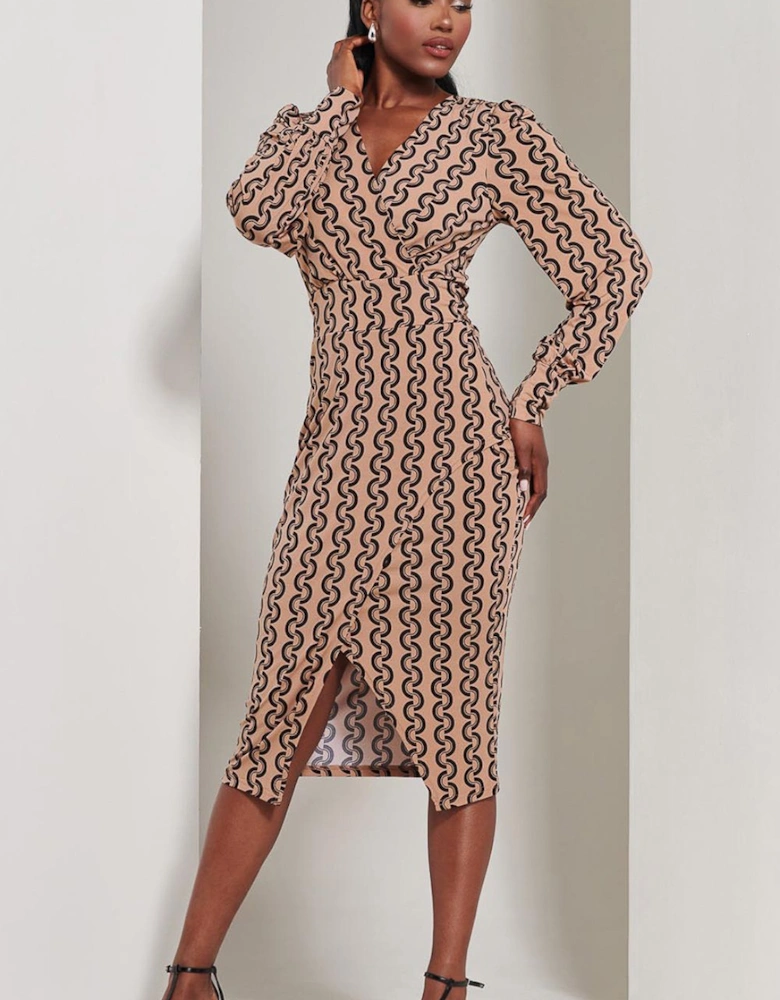 Print Long Sleeve Jersey Pencil Dress