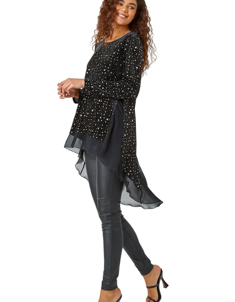 Star Print Velvet Chiffon Hem Top