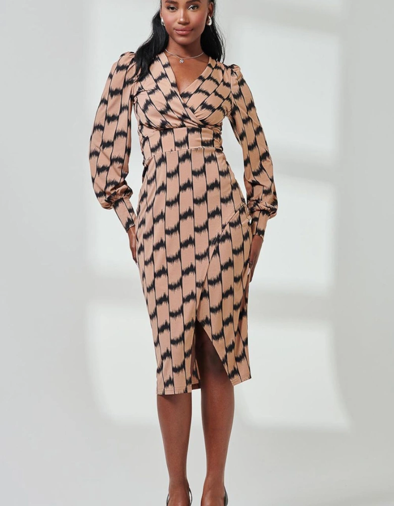 Print Long Sleeve Jersey Pencil Dress