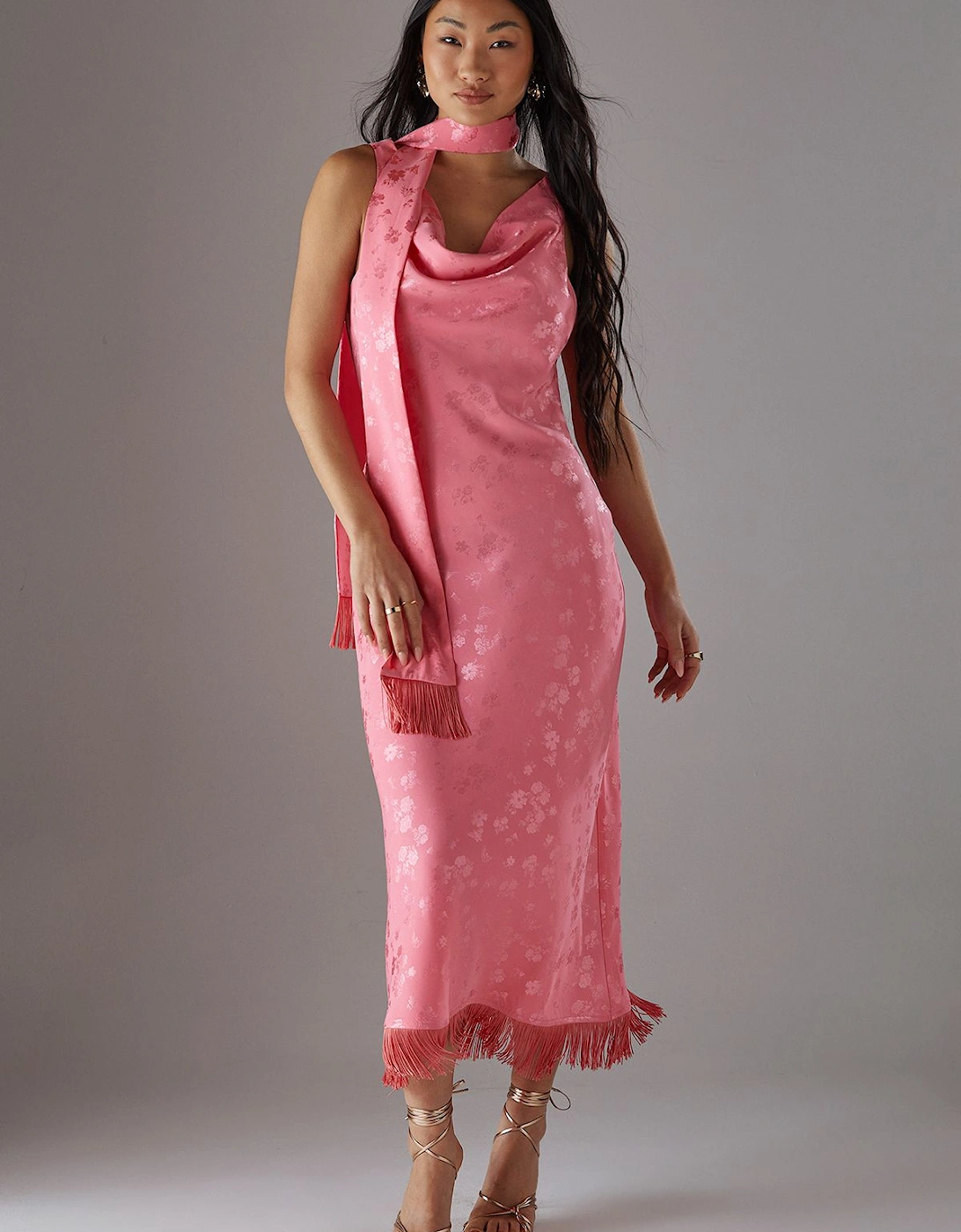 Petite Satin Jacquard Cowl Scarf Neck Fringe Midi Slip Dress, 2 of 1