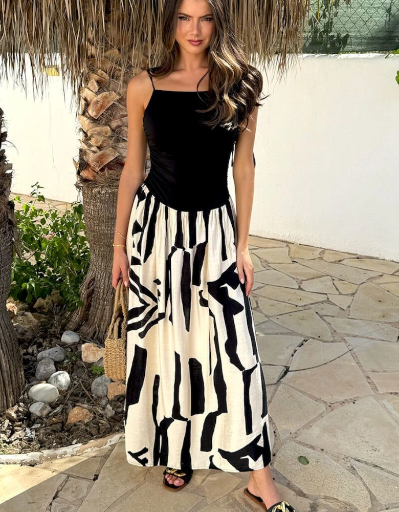 Black And Cream Abstract Print 2 in 1 Ruched Side Tie Straps Midi Dress