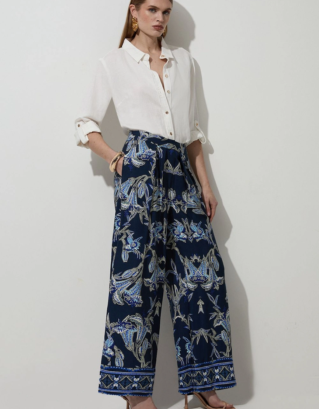 Tall Viscose Linen Mirrored Floral Woven Straight Leg Trouser, 2 of 1