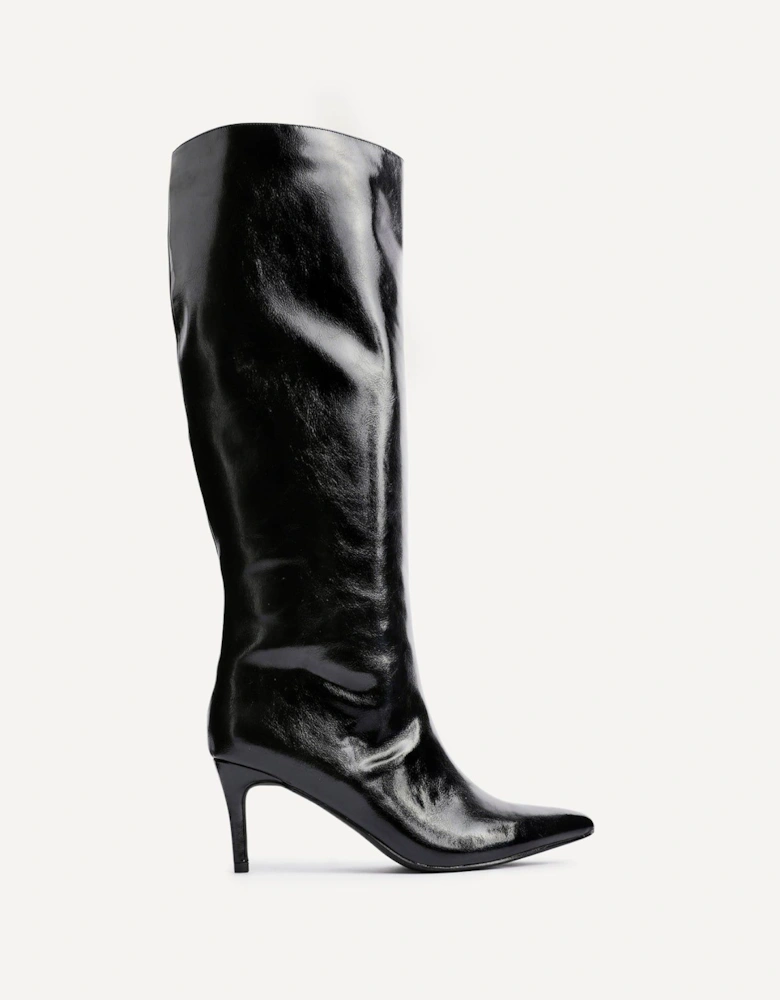 Onyx Black High Shine Pointed Toe High Leg Heeled Boots