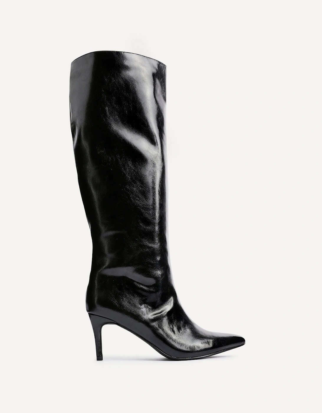 Onyx Black High Shine Pointed Toe High Leg Heeled Boots, 2 of 1