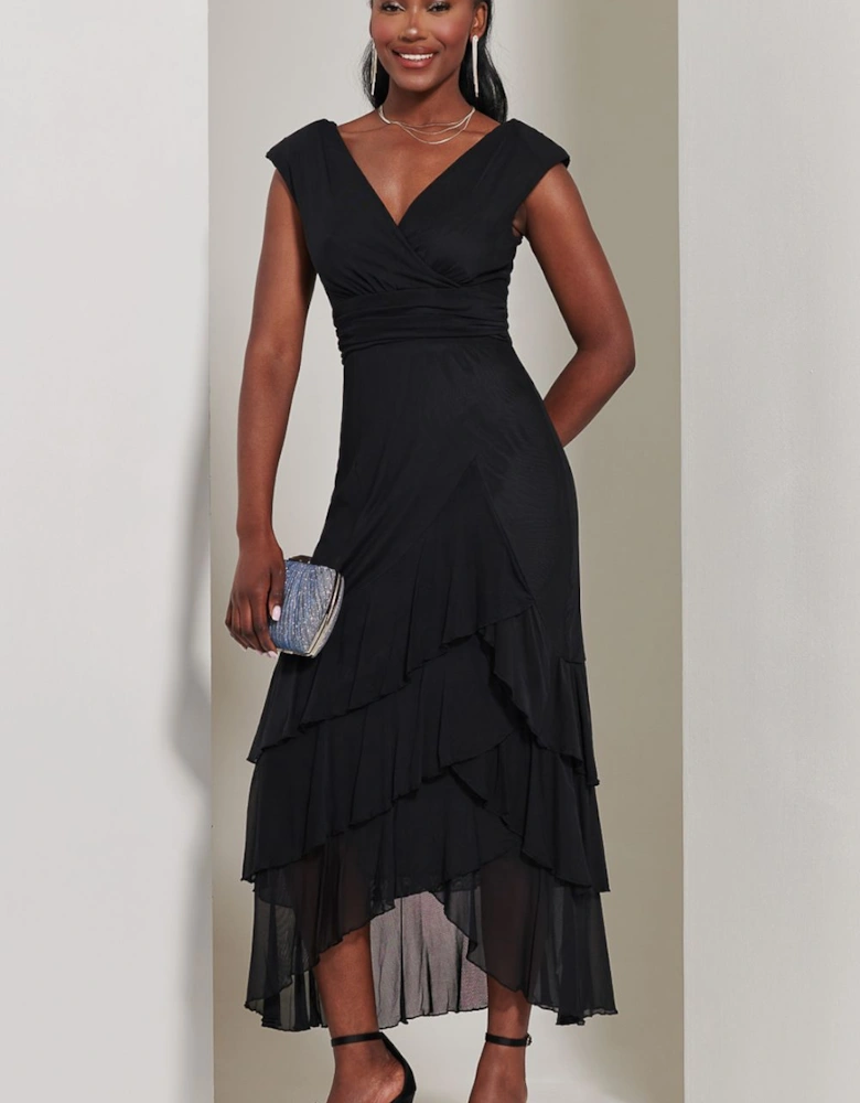 Wrap Bodice Mesh Frill Maxi Dress