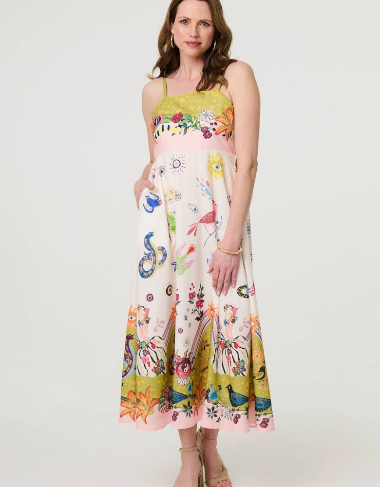 Printed A-Line Sleeveless Midi Dress