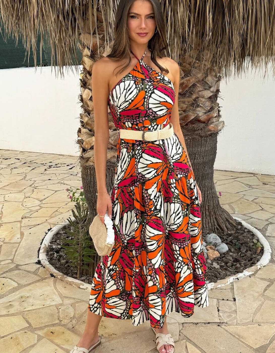 Multi Butterfly Print Halterneck Straw Belt Tiered Midi Dress, 2 of 1