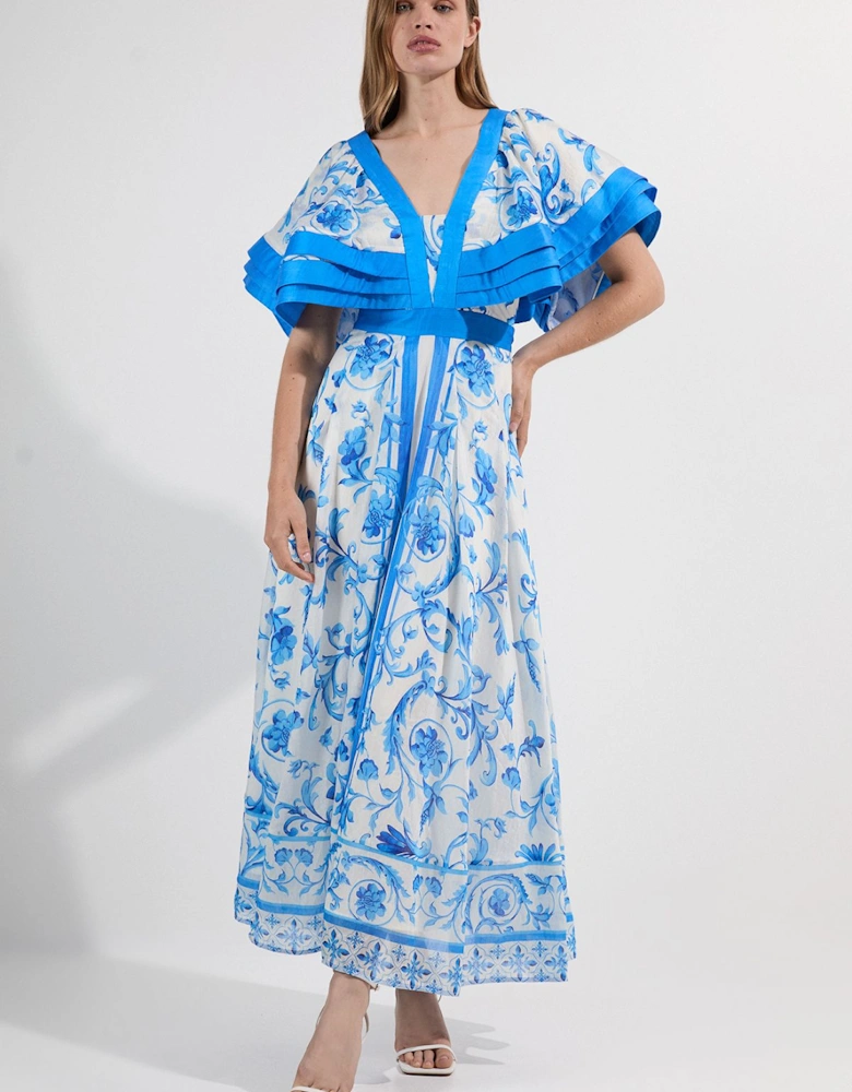 Organdie Ruffle Sleeve Plunge Neck Floral Print Woven Maxi Dress