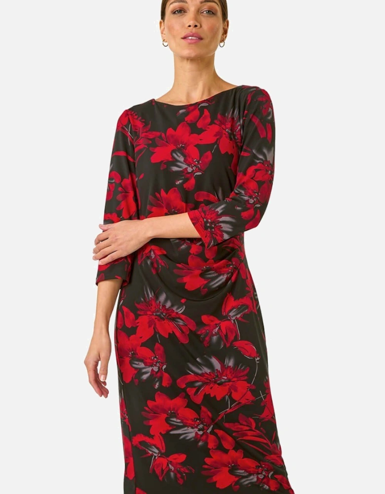 Leaf Print Side Pleat Stretch Dress