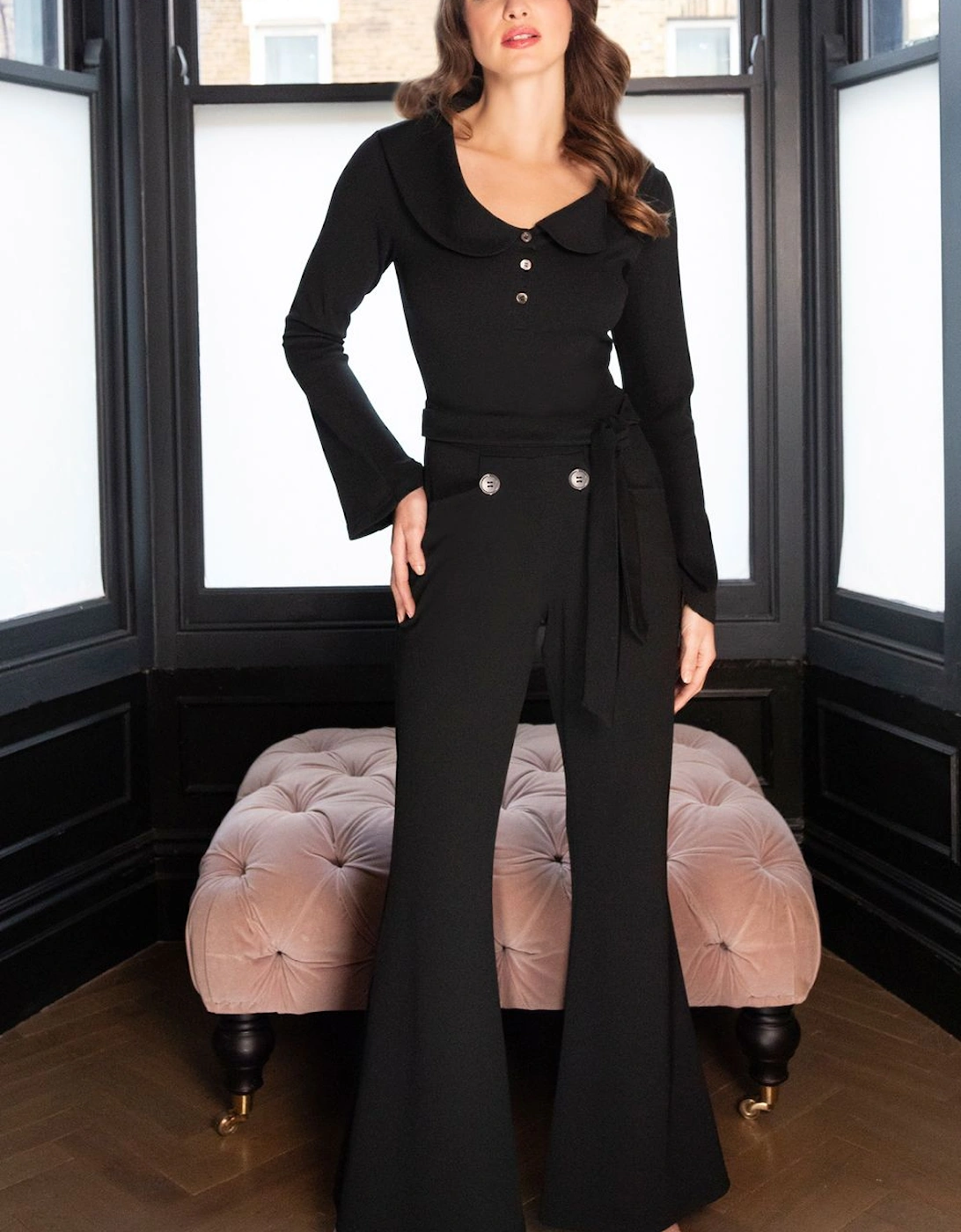 Bell-Bottom Jumpsuit with Collar Detail, 2 of 1